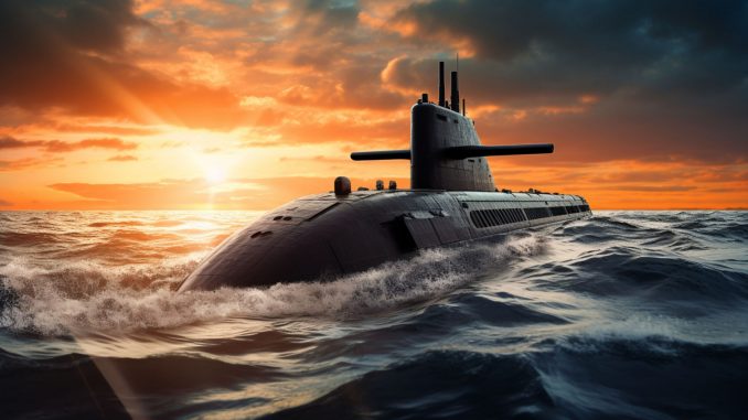 Submarine in the sea at sunset. 3D render. Conceptual image.